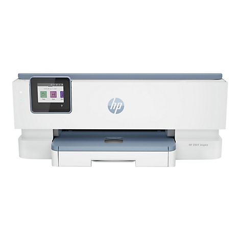 Weißer HP-Drucker mit einem Touchscreen, auf dem Optionen wie Kopieren und Scannen angezeigt werden. Auf dem Drucker steht „HP ENVY Inspire“. 