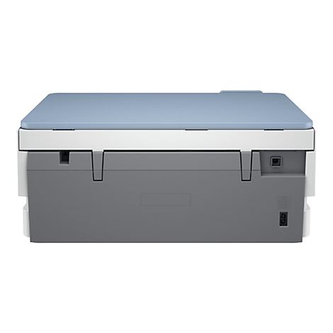 Vue arrière d'une imprimante avec un boîtier gris et blanc et un couvercle bleu clair. Il y a des ports et un connecteur d'alimentation à l'arrière.