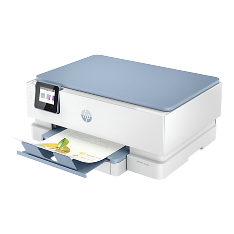 Weiß-blaues HP Envy Inspire Multifunktionsdrucker, Papierausgabe mit Diagramm, Touchscreen.