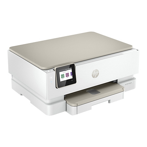 Ein weiß-beiger HP ENVY Inspire Drucker. Ein Bildschirm zeigt Optionen wie Kopieren und Scannen.