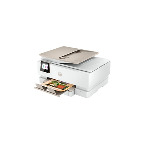 Ein weißer HP ENVY Inspire Drucker, der ein farbiges gedrucktes Papier mit Gartenmotiven ausgibt. Auf dem Drucker befindet sich ein Touchscreen-Display.