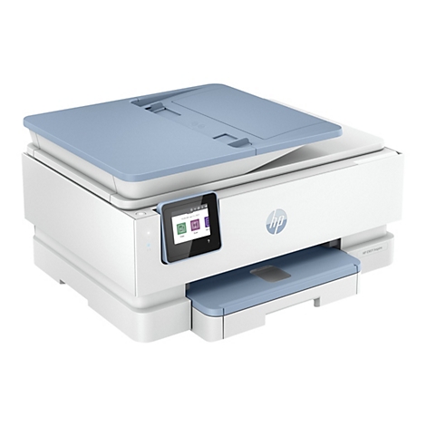 Une imprimante HP ENVY Inspire blanche avec des accents bleu clair. L'écran affiche des options telles que copier et numériser.