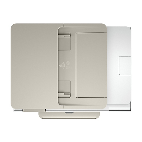 Draufsicht auf einen beige-farbenen Drucker; Papierfach rechts geöffnet.