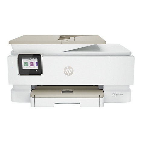 Imprimante HP blanche avec Ã©cran tactile, bac Ã  papier marron et couvercle gris. Logo HP au centre.