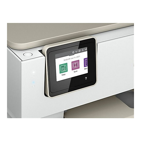 Gros plan d'une imprimante avec Ã©cran tactile. L'Ã©cran affiche des options telles que Copier, NumÃ©riser et Boutique.