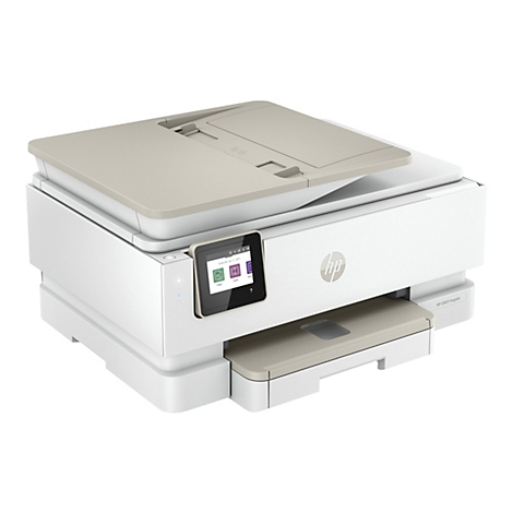 Une imprimante HP blanche avec un couvercle gris clair, un panneau de commande et un bac de sortie papier. Des icÃ´nes sont affichÃ©es Ã  l'Ã©cran.