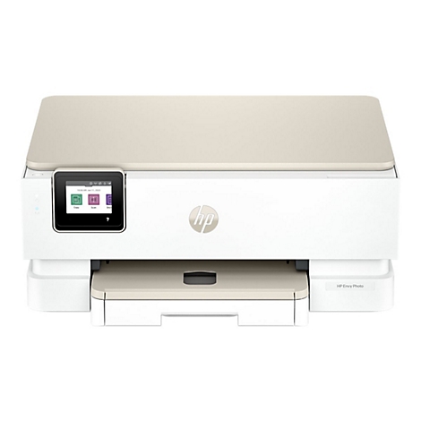 Imprimante HP Envy Photo blanche et beige avec écran tactile. Icônes de copie, numérisation, raccourcis. Logo.