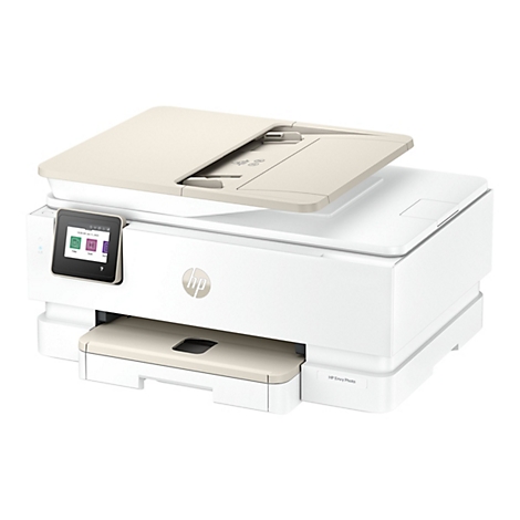 Weißer Drucker mit geöffnetem Deckel, beige Details und Display mit Icons. HP Logo.
