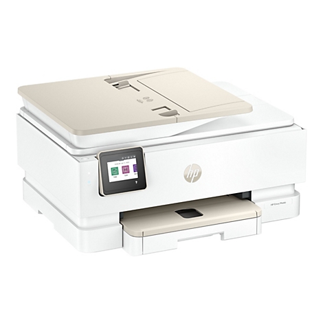 Ein weißer HP Envy Photo Drucker mit beigefarbener Oberseite und Touchscreen-Display.
