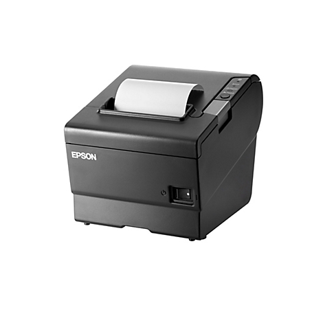 Schwarzer Bondrucker mit Papierrolle, Epson-Logo. Auf dem Bedienfeld befinden sich Anzeigen für Fehler, Papier und Feed.