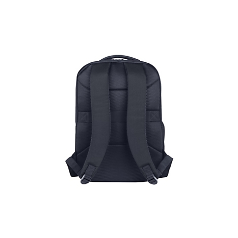 Schwarzer Rucksack von hinten, mit gepolsterten Schultergurten und Mesh-Einsätzen.