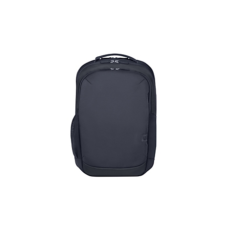 Dunkelblauer Rucksack vor weißem Hintergrund. Der Rucksack hat zwei Reißverschlüsse und ein kleines Logo.