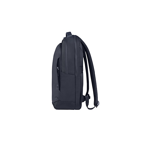 Schwarzer Business-Rucksack in Seitenansicht vor weißem Hintergrund.