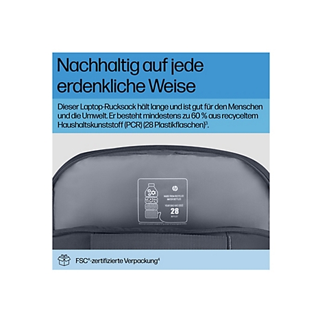 Laptop-Rucksack aus recyceltem Kunststoff mit Grafik zu 28 recycelten Plastikflaschen.