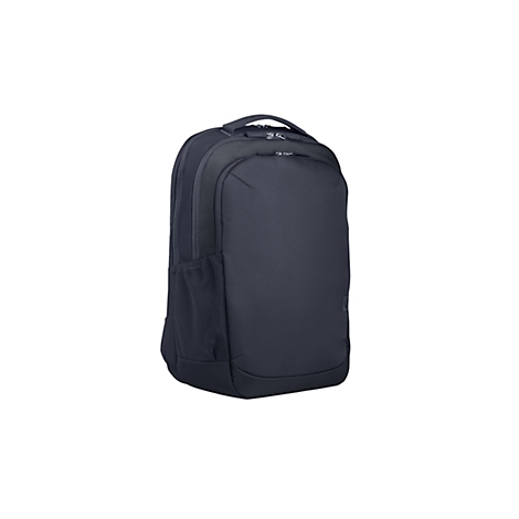 Dunkelblauer Rucksack vor weißem Hintergrund. Der Rucksack hat ein Hauptfach, eine Fronttasche und eine seitliche Netztasche.