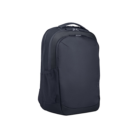 Dunkelblauer Rucksack mit mehreren Fächern und Reißverschlüssen. Ein Griff oben, eine Seitentasche aus Netzstoff, ein Logo.