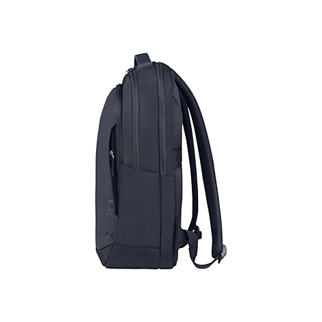 Dunkelblauer Rucksack, Seitenansicht, mit zwei gepolsterten Schultergurten, ReiÃŸverschluss und einer Seitentasche.