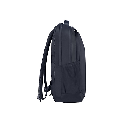 Dunkelblauer Rucksack im Profil. Schwarze TrÃ¤ger, seitliche Netztasche und ReiÃŸverschlÃ¼sse.