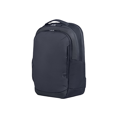 Schwarzer Laptop-Rucksack. Er hat einen Tragegriff, mehrere FÃ¤cher und einen ReiÃŸverschluss.