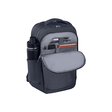 Dunkelblauer Rucksack mit offenem Hauptfach. In den FÃ¤chern befinden sich Stifte, ein Notizbuch und eine schwarze Thermosflasche.