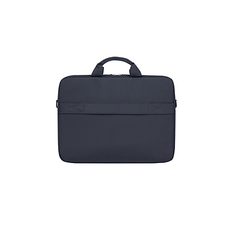 Dunkelblaue Laptoptasche mit Tragegriff. Quer verlaufender Riemen auf der Vorderseite.