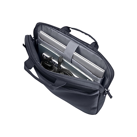 Dunkelgraue Laptoptasche von oben geöffnet, bestückt mit Laptop, Notizbuch und Kabeln.