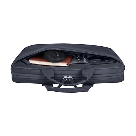 Eine dunkelblaue Aktentasche mit geöffnetem Reißverschluss, die einen schwarzen Laptop-Maus, ein Notizbuch und verschiedene Kabel zeigt.