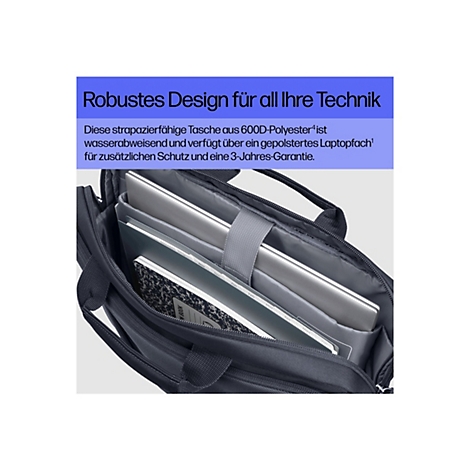 Schwarze Laptoptasche, offen, mit Laptops und Notizbuch. Oben steht: Robustes Design für all Ihre Technik.