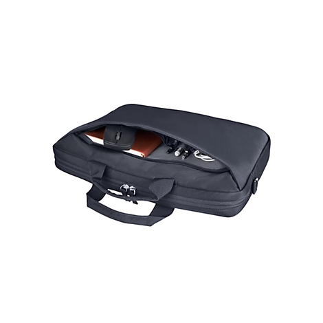 Eine dunkelgraue Laptoptasche mit geöffnetem Fach, in dem eine Maus, ein Notizbuch und Stifte stecken.
