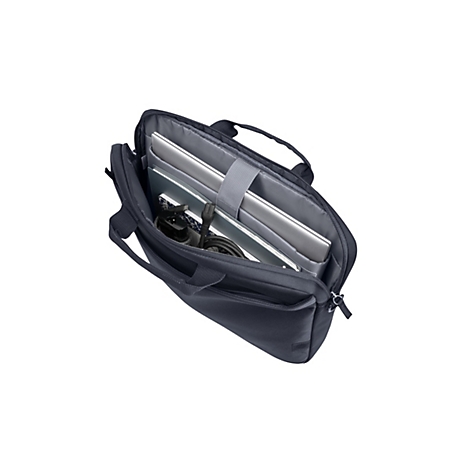 Geöffnete dunkelgraue Laptoptasche mit verstautem Laptop, Netzteil und Notizbuch vor weißem Hintergrund.