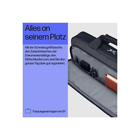 Geöffnete schwarze Laptoptasche mit übersichtlichen Organisationsfächern für Stifte, Zubehör und Dokumente.