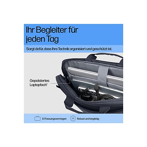 Geöffnete dunkle Laptoptasche mit gepolstertem Fach, inklusive Laptop, Kabeln und Notizbuch.