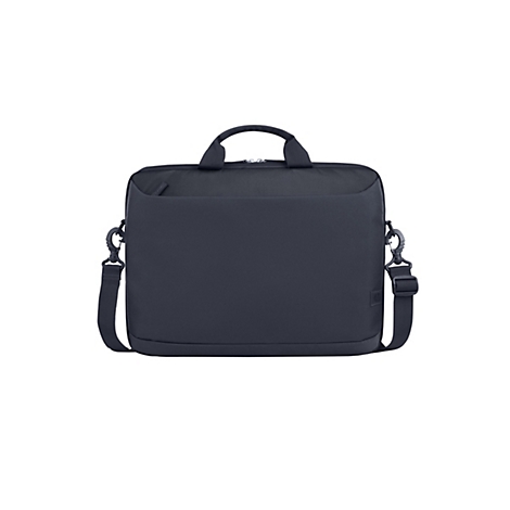 Dunkelblaue Laptoptasche mit Tragegriff und Schulterriemen. Auf weißem Hintergrund.