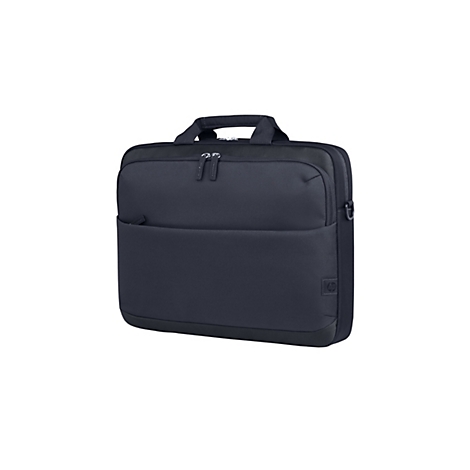 Dunkelblaue Laptop-Tasche mit Henkel und Reißverschlüssen, rechteckig, auf weißem Hintergrund.