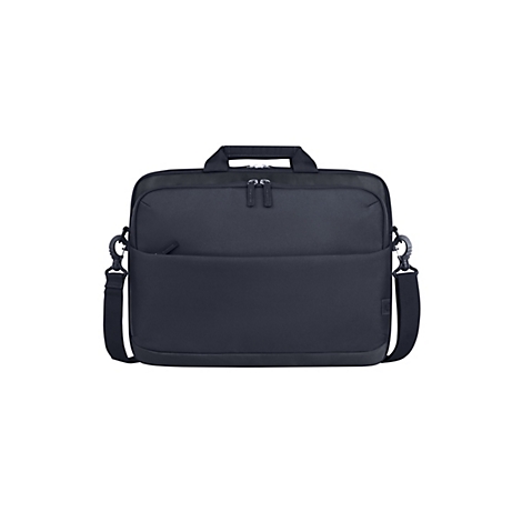 Dunkelblaue Laptoptasche mit Tragegriff und Schulterriemen vor weißem Hintergrund.