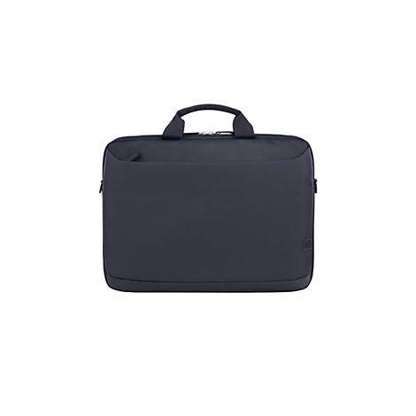Dunkelblaue Laptoptasche mit Tragegriff, Reißverschluss und kleinem Fach. Auf weißem Hintergrund.