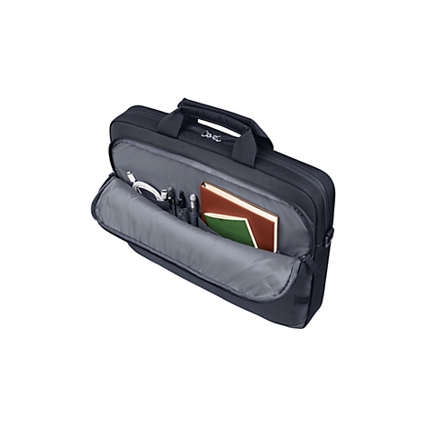 Schwarze Laptoptasche mit offenem Fach. Im Fach: Ladekabel, Stifte, Bücher. Auf weißem Hintergrund.