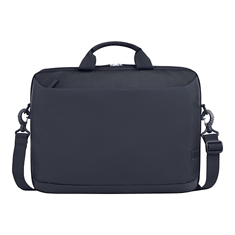Dunkelblaue Laptoptasche mit Tragegriff und Schultergurt. Aufgesetzte Fronttasche, ReiÃŸverschluss.