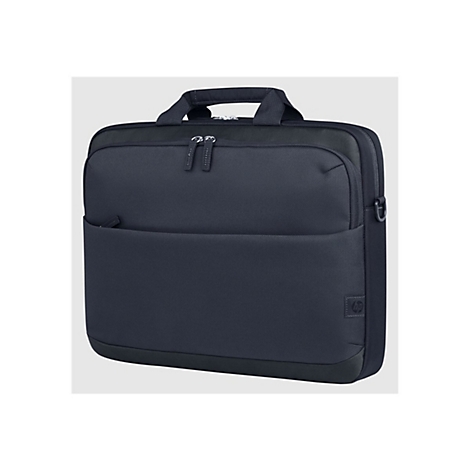 Dunkelblaue Laptop-Tasche mit Griff und Reißverschlüssen, HP-Logo. Vorder- und Seitentaschen.
