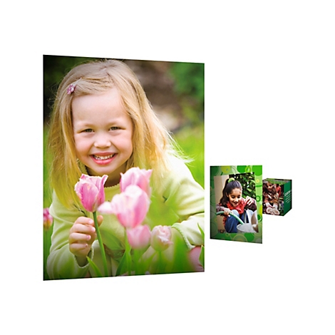 Ein lachendes Kind mit blonden Haaren hält zarte rosa Tulpen in einem sonnigen Garten.