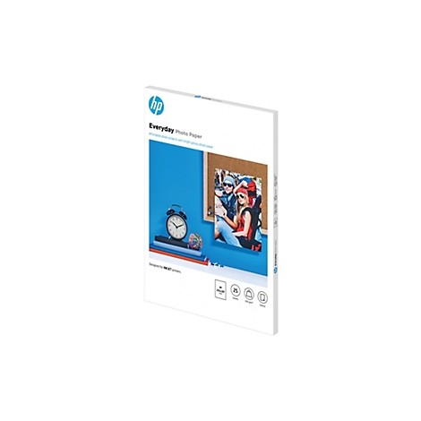 HP Everyday Fotopapier A4 200g/m² Packung mit 25 Blatt vor weißem Hintergrund.