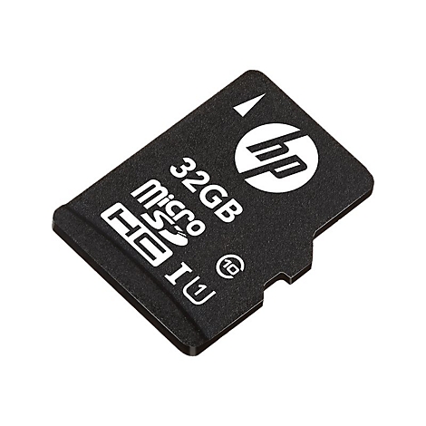 Schwarze HP Micro-SD-Karte mit weißen Logos und Schriftzügen, 32 GB. Die Karte liegt schräg auf hellem Hintergrund.