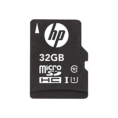 Schwarze HP MicroSD-Karte. Oben das HP Logo und die Schriftzüge '32GB', 'micro SD HC I U1'.
