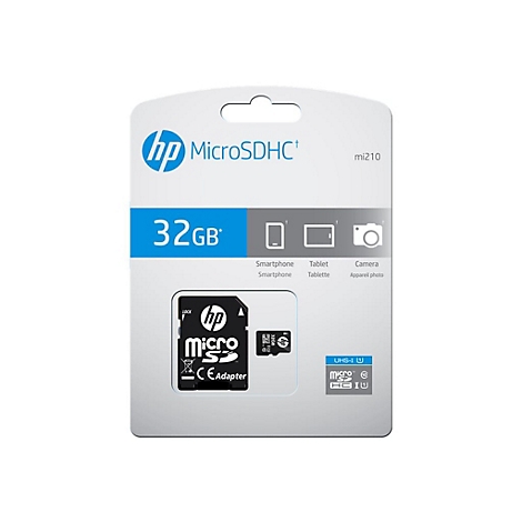 HP MicroSDHC Speicherkarte, 32 GB, in Verpackung mit Smartphone-, Tablet- und Kamera-Symbolen. Adapter ist im Lieferumfang enthalten.