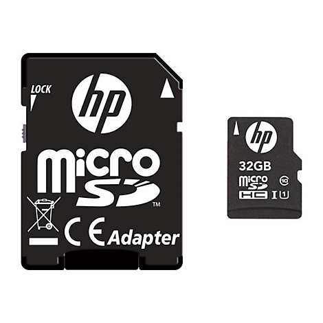 Ein schwarzer HP MicroSD-Kartenadapter und eine MicroSD-Karte mit weißem Logo und Schriftzug.