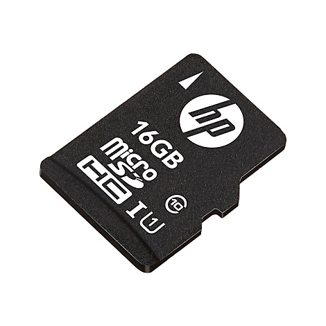 Schwarze HP microSD Speicherkarte mit 16 GB Kapazität vor weißem Hintergrund.