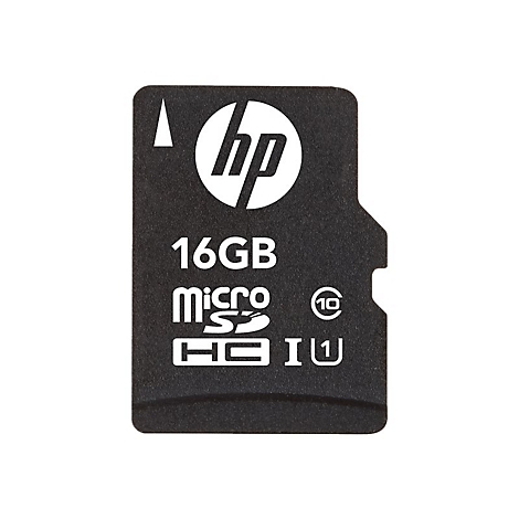 Eine schwarze HP microSDHC-Speicherkarte mit 16 GB Speicherkapazität vor weißem Hintergrund.