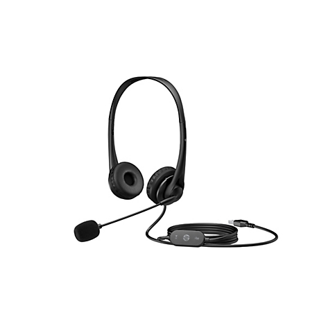 Schwarzes HP Headset mit Mikrofon und USB-Kabel. Ohrmuscheln und Mikrofonpolster sind gepolstert. Auf weißem Hintergrund.