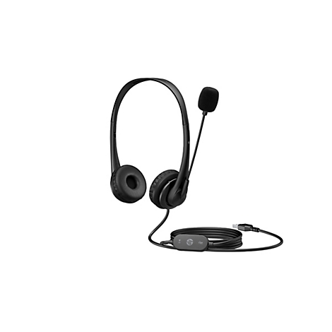 Schwarzes HP-Headset, das auf einem weißen Hintergrund dargestellt wird. Das Headset verfügt über zwei Ohrmuscheln, einen verstellbaren Mikrofonarm und ein Kabel mit USB-Anschluss.
