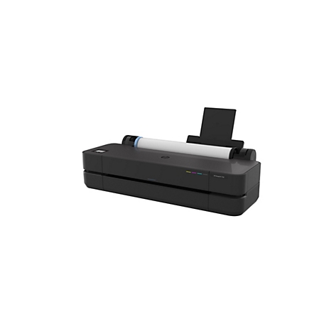 Imprimante grand format HP DesignJet T250 noire avec rouleau de papier et bac de sortie sur fond blanc.